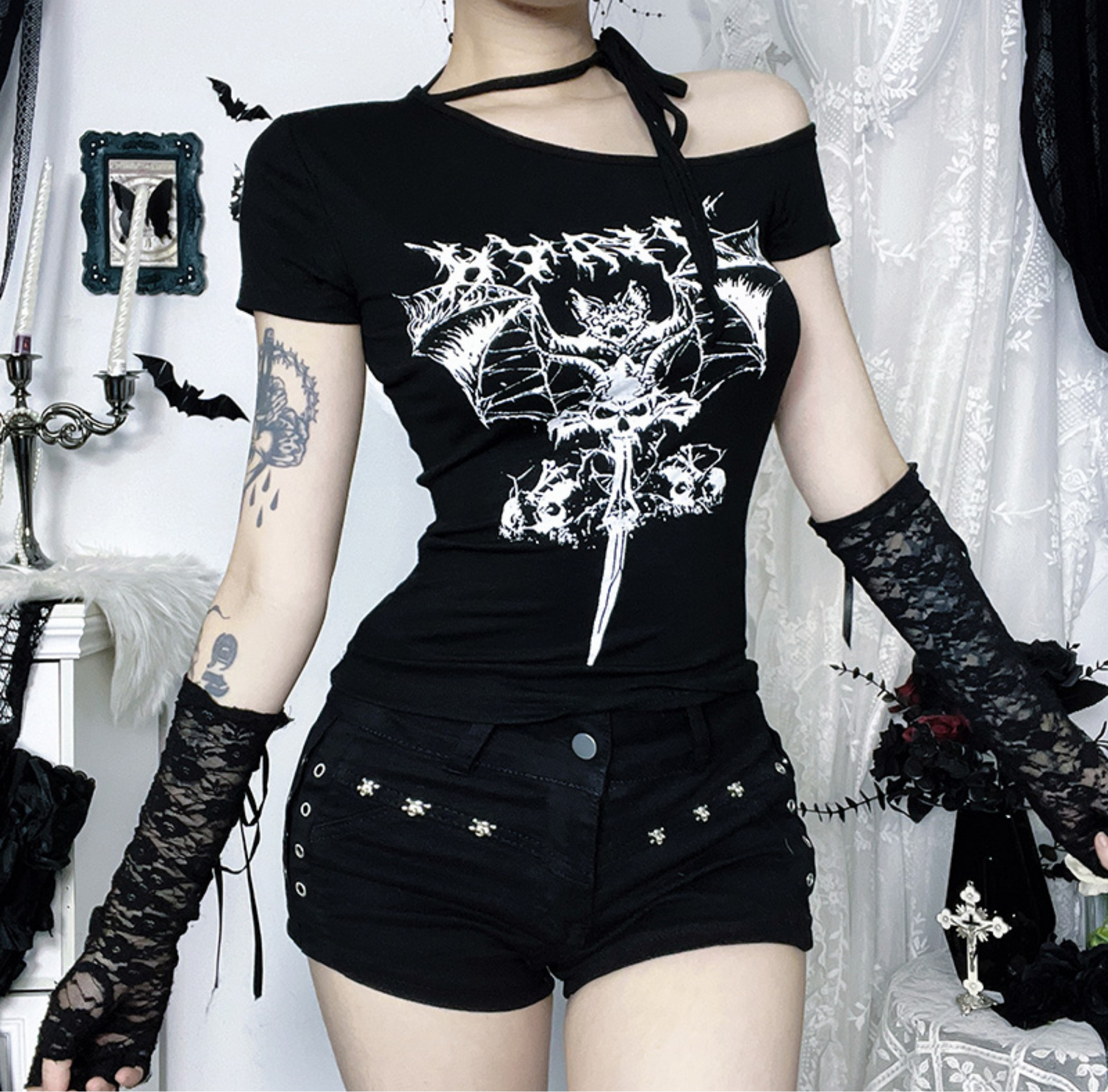 Bat Skull One Shoulder Tee 2