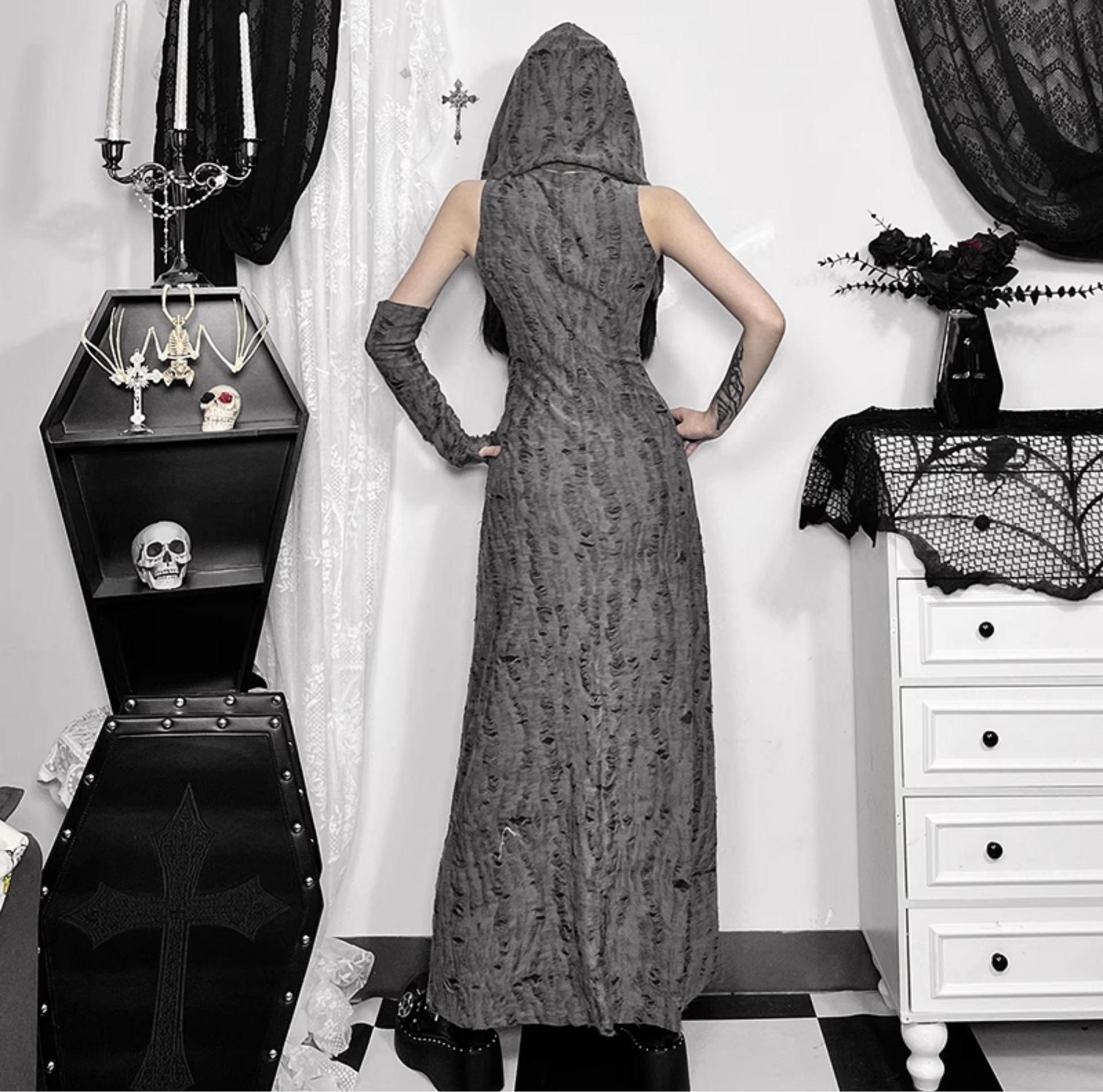 Distressed Hooded Slit Dress 5