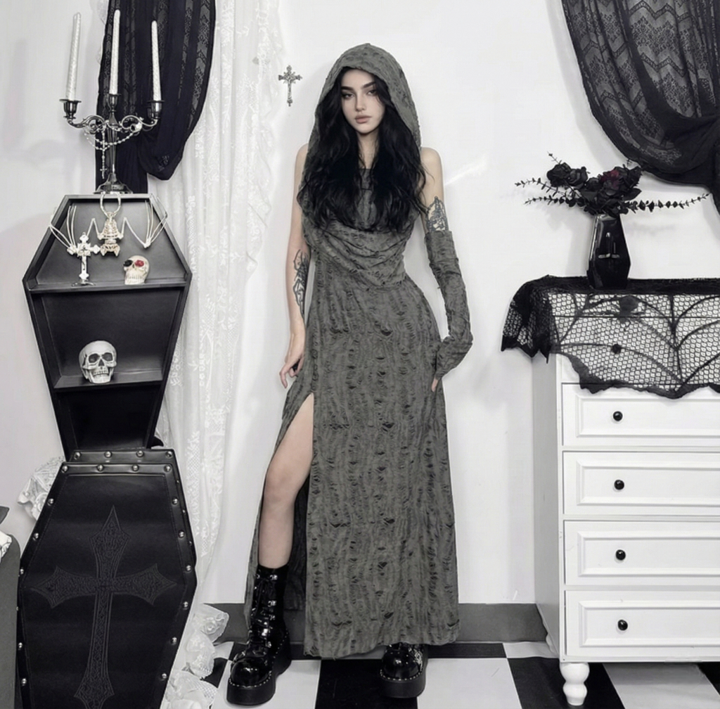 Distressed Hooded Slit Dress
