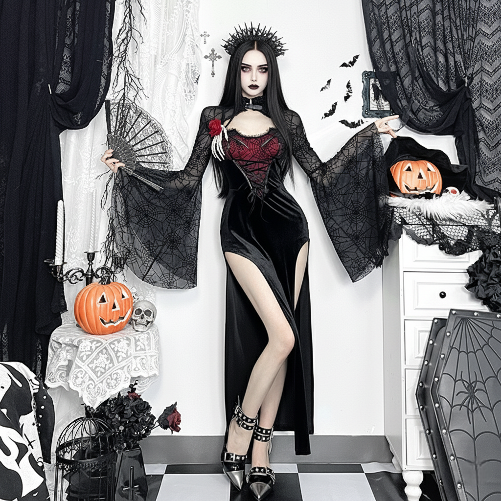 Gothic Skeleton Slit Dress 21