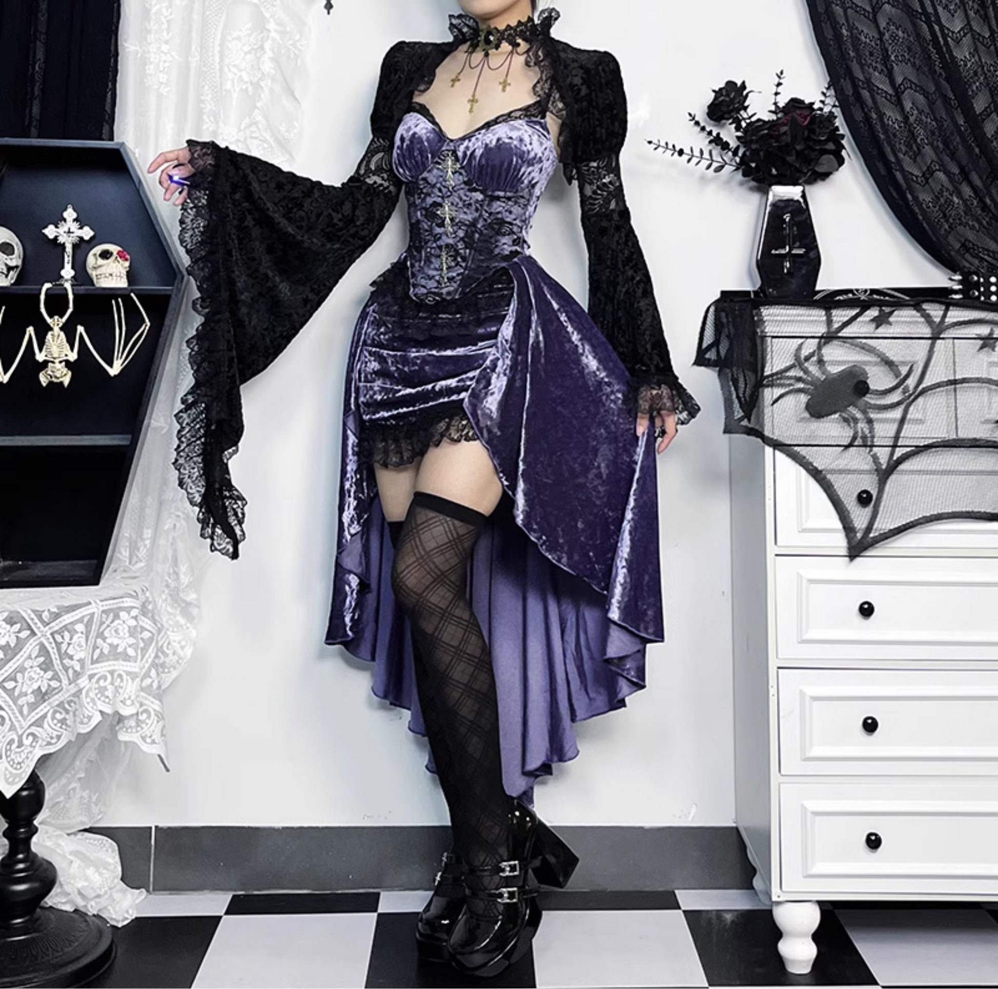 Gothic Velvet Dress with Cross 5