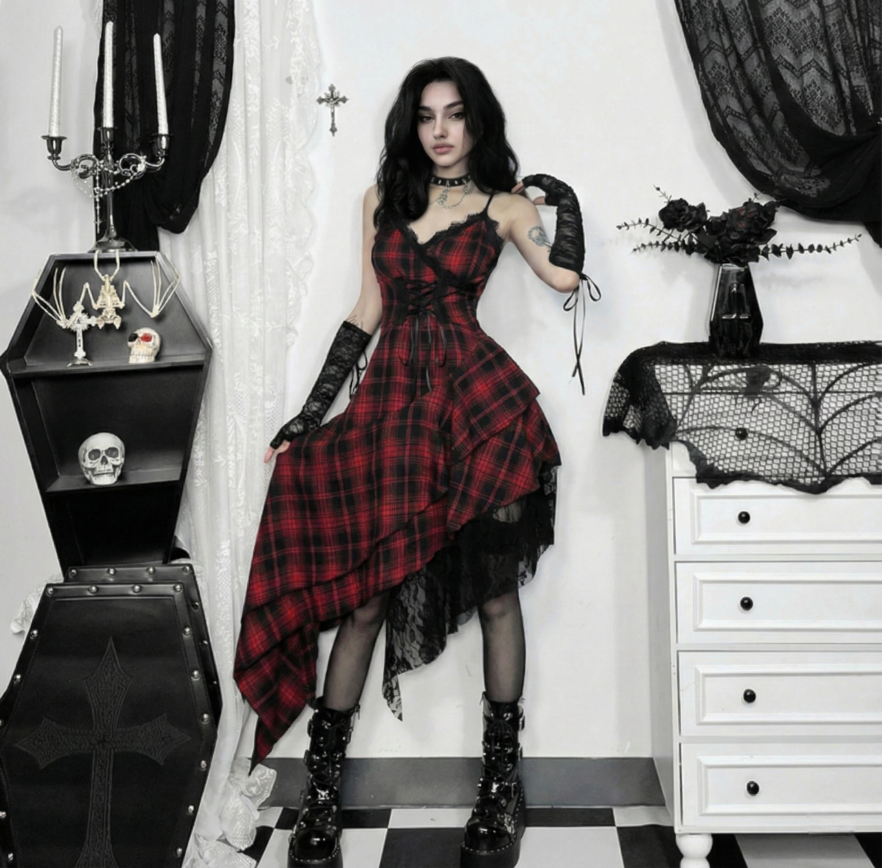 Tartan Lace Asymmetrical Dress